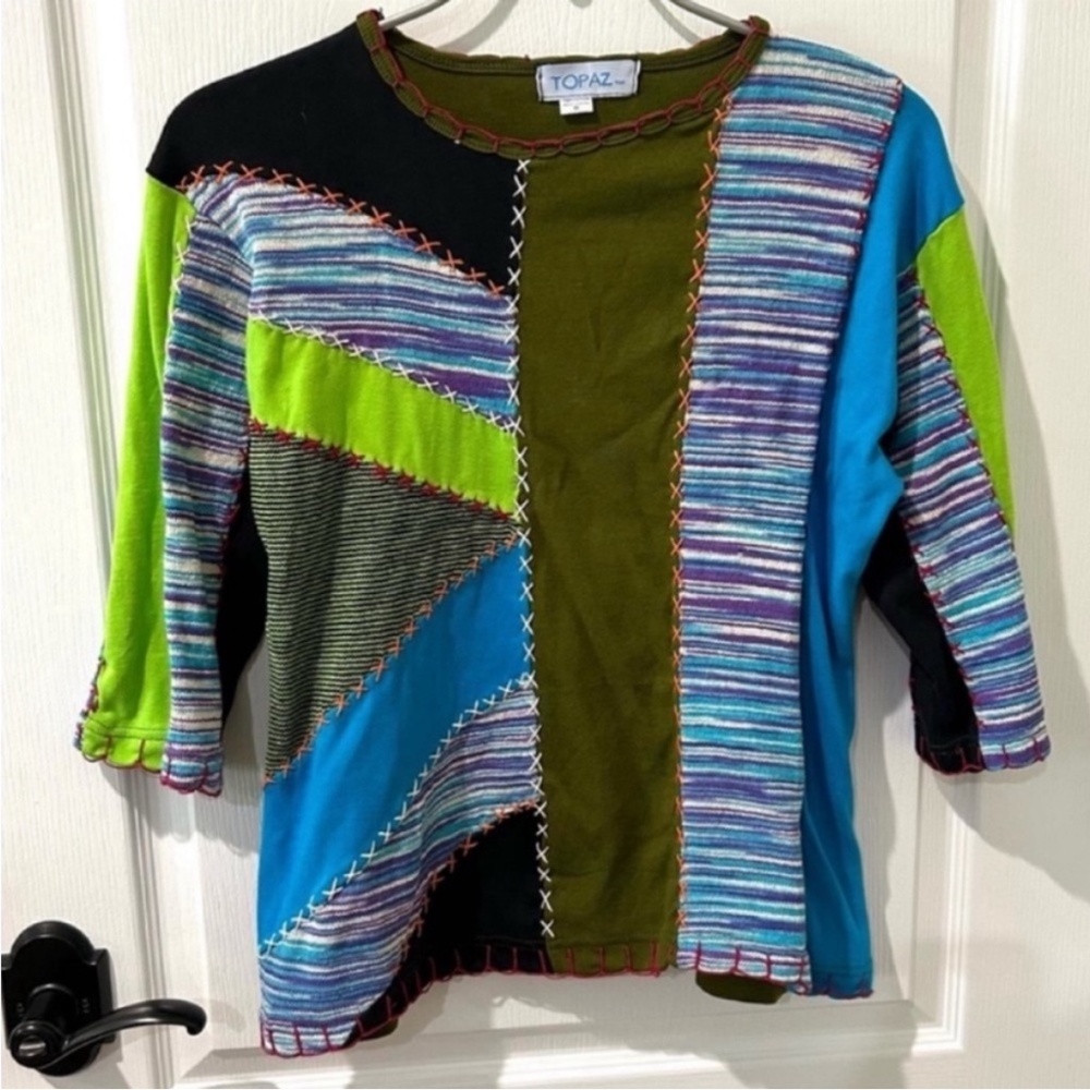 Topaz Olive Green 3/4 Sleeve Patchwork Effect Bold Artsy Knit Top